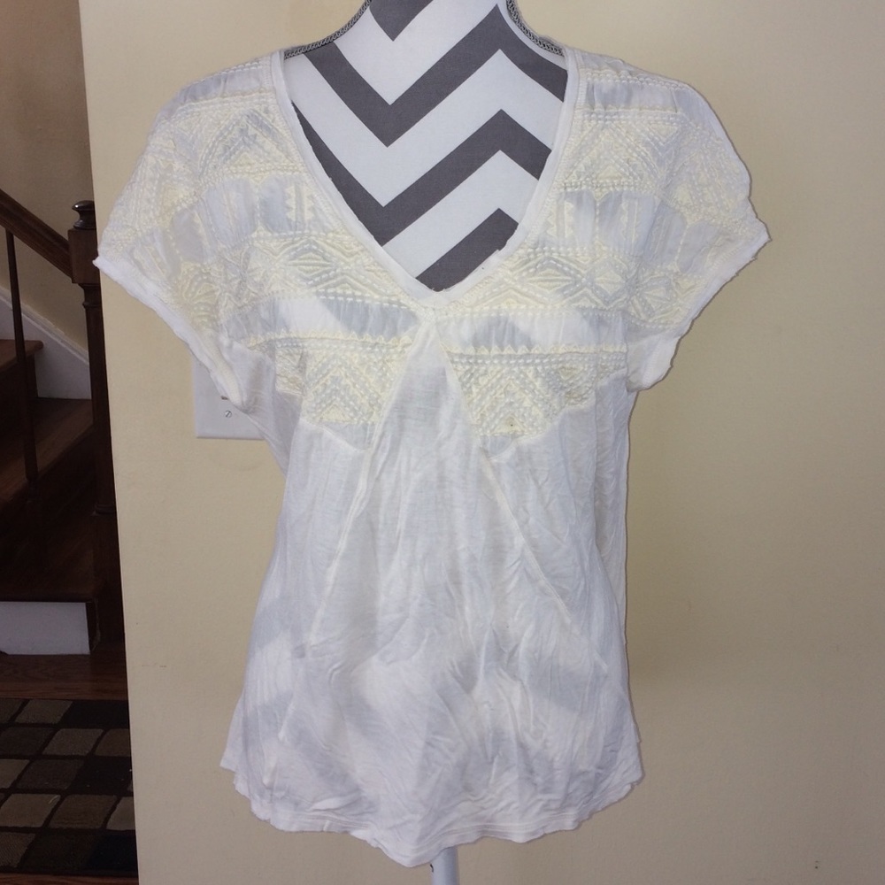 Sun and Shadow white tee with linen embellishment